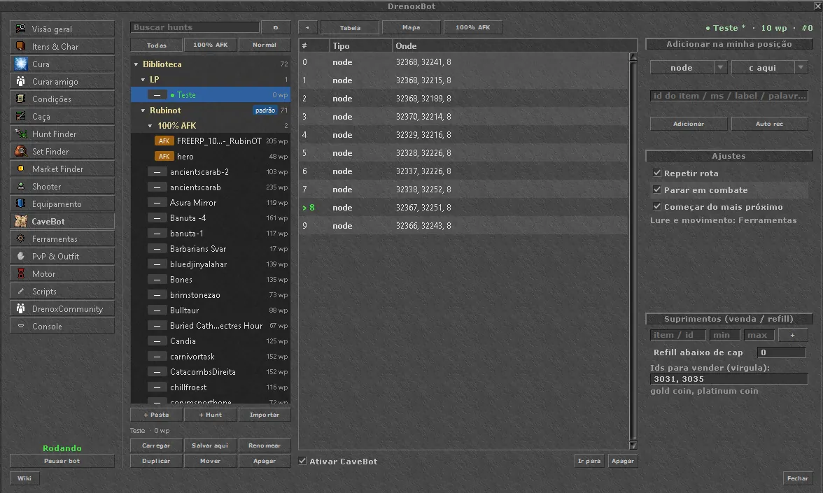 CaveBot tab with the hunt library on the left and the waypoint table in the center