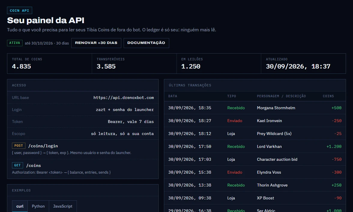 Coin API dashboard: total, transferable and auction balance, API access and the latest transactions with the character on each transfer