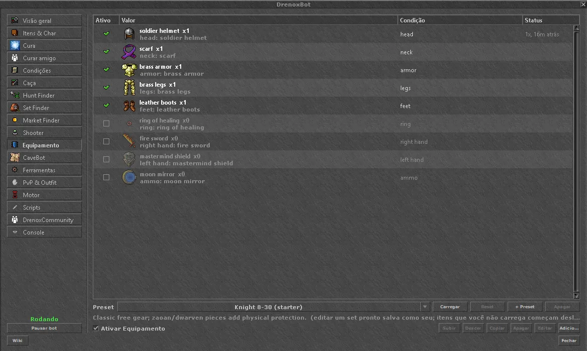 Equipment tab with rules per slot and the loaded preset