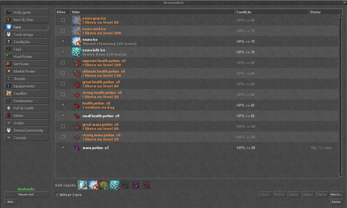 Healing tab with exura ico, exura infir ico and potion rules, each with an HP or mana condition