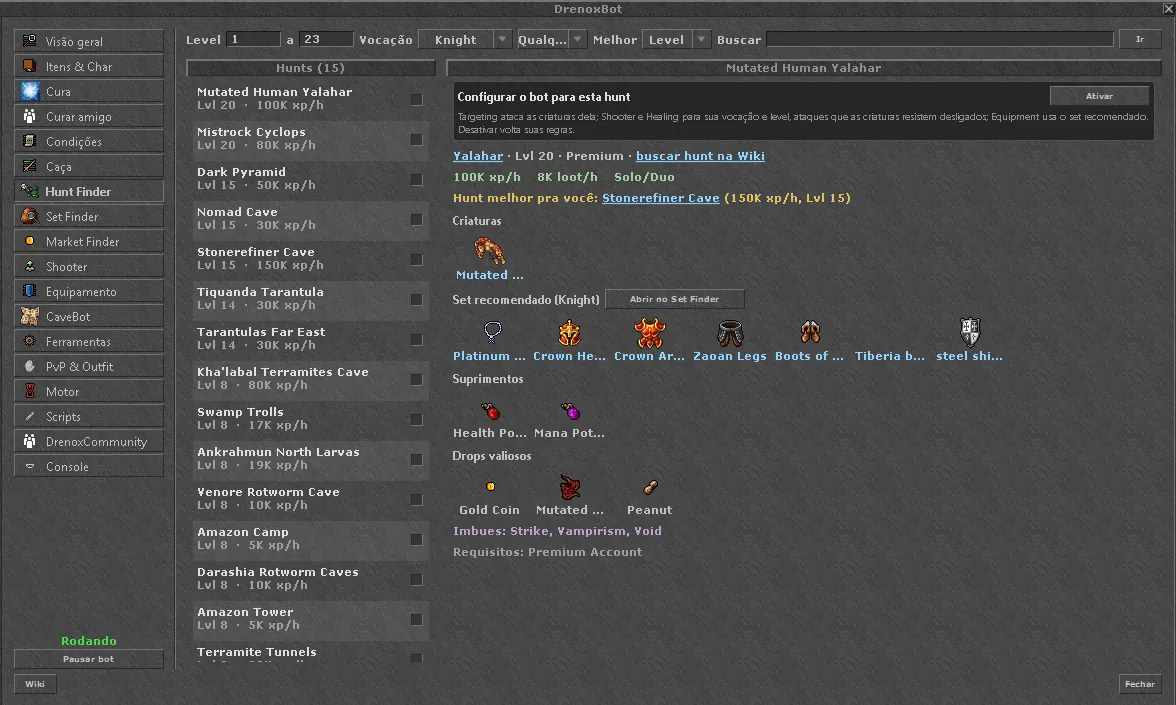 Hunt Finder showing a hunt with xp/h, loot/h, creatures, recommended set and drops