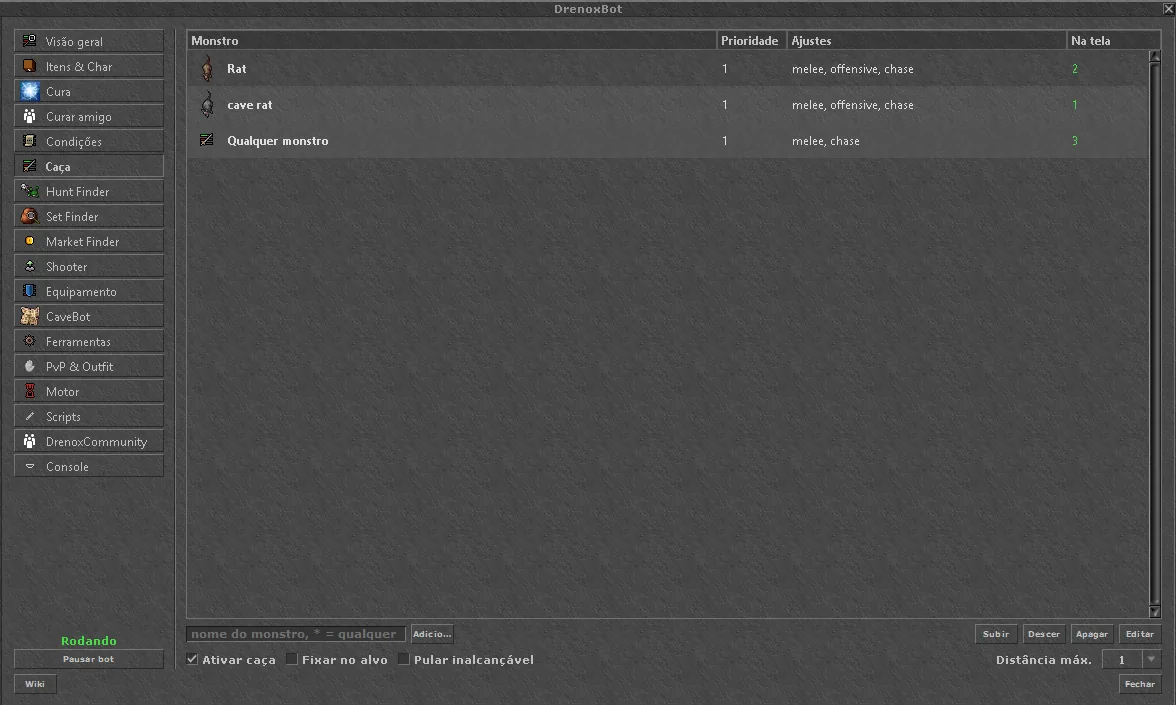 Hunting tab with the monster list and priorities