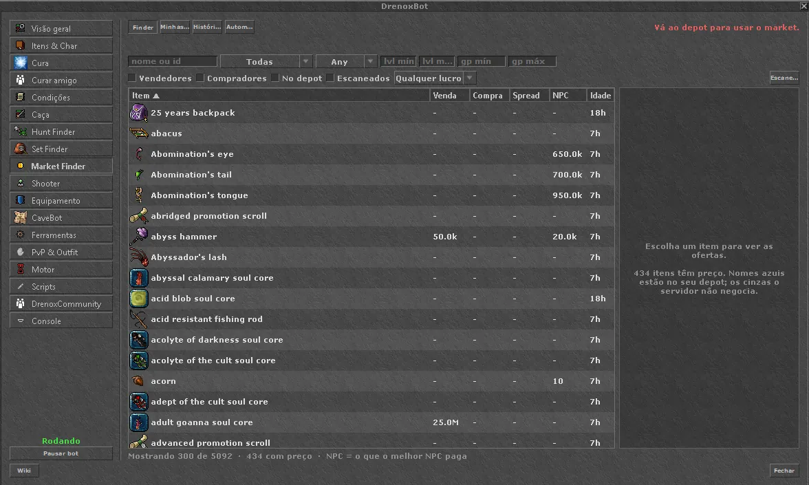 Market Finder with the item list and sell, buy, spread and NPC columns