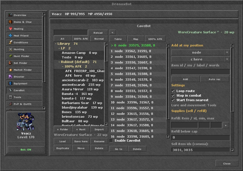 Página CaveBot no OTClient: biblioteca de hunts em pastas, lista de waypoints e ajustes de rota e refil