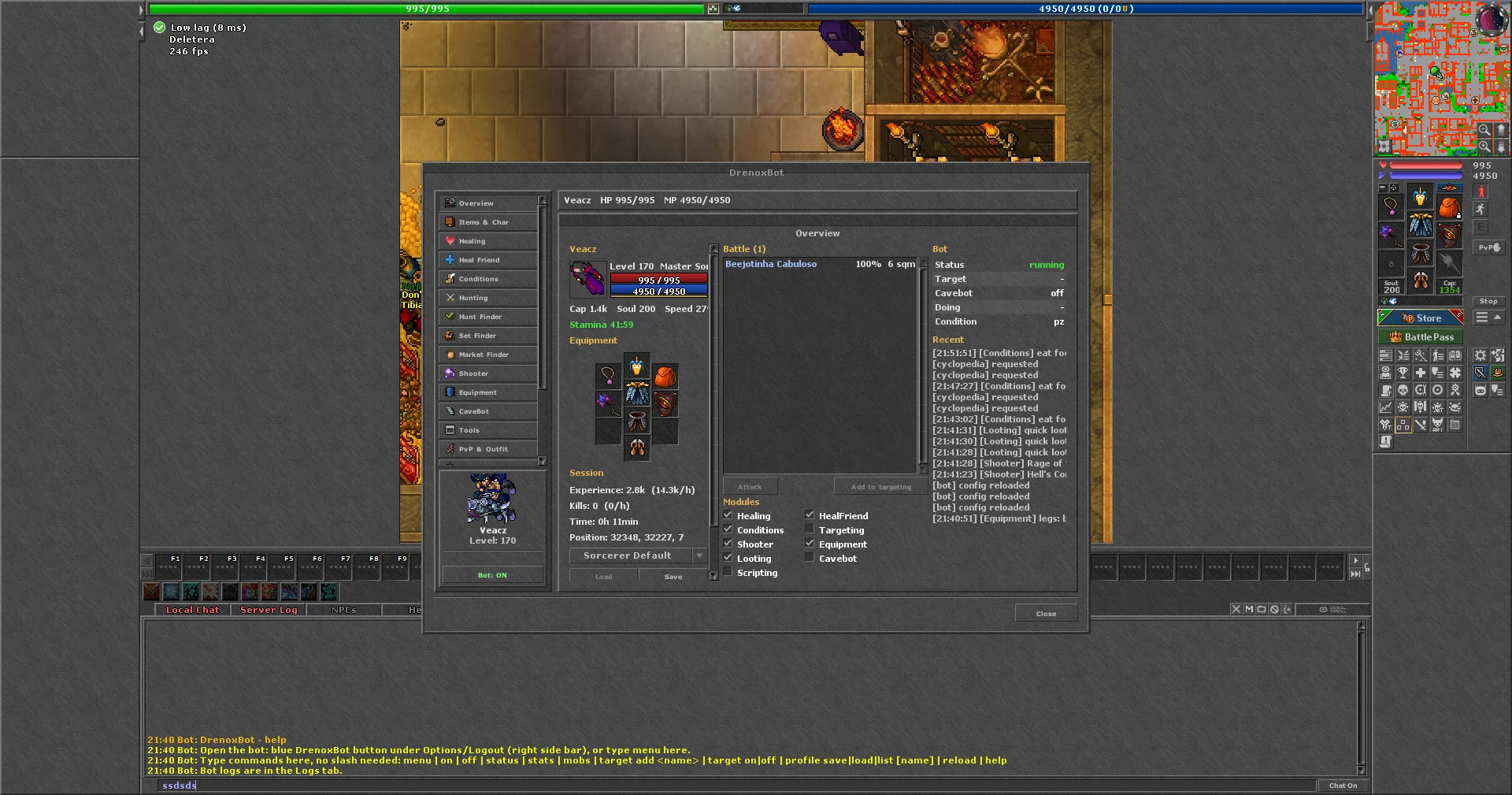OTClient do PaulistinhaOT com a janela do DrenoxBot aberta dentro do jogo, na página Overview