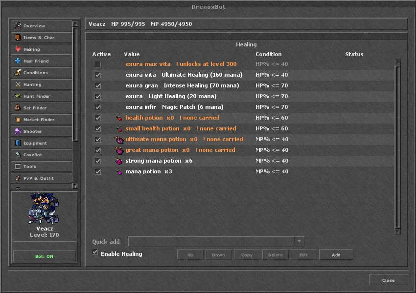 Página Healing no OTClient: regras de cura com spells e potions, por porcentagem de vida e mana
