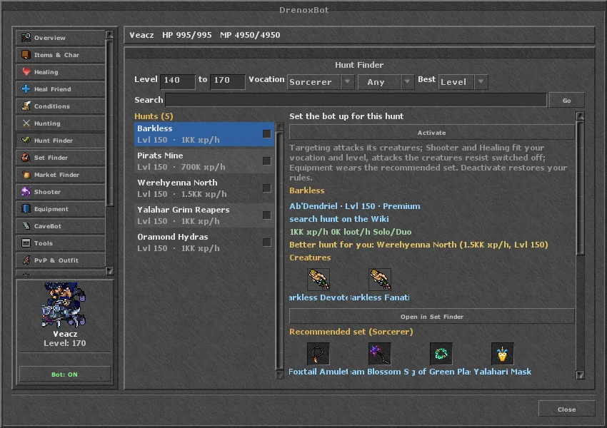 Hunt Finder no OTClient: hunts por level e vocação, com xp por hora, criaturas e set recomendado