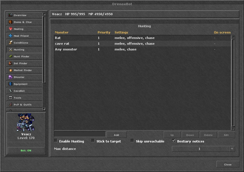 Página Hunting no OTClient: lista de alvos com prioridade e distância