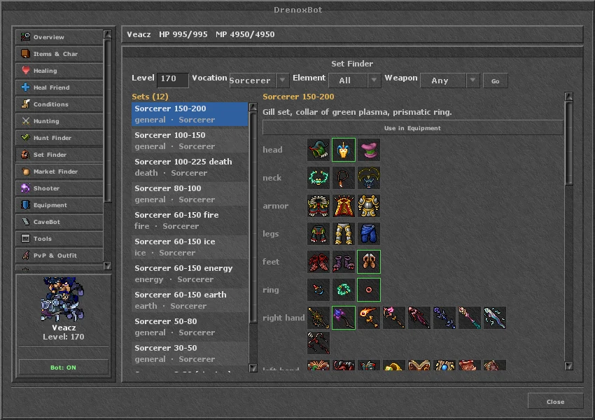 Set Finder no OTClient: equipamentos por vocação, level e elemento