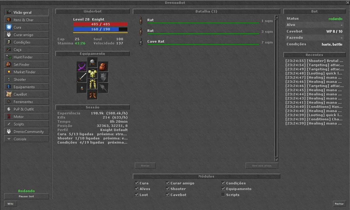 Overview tab with character, session, battle list and modules