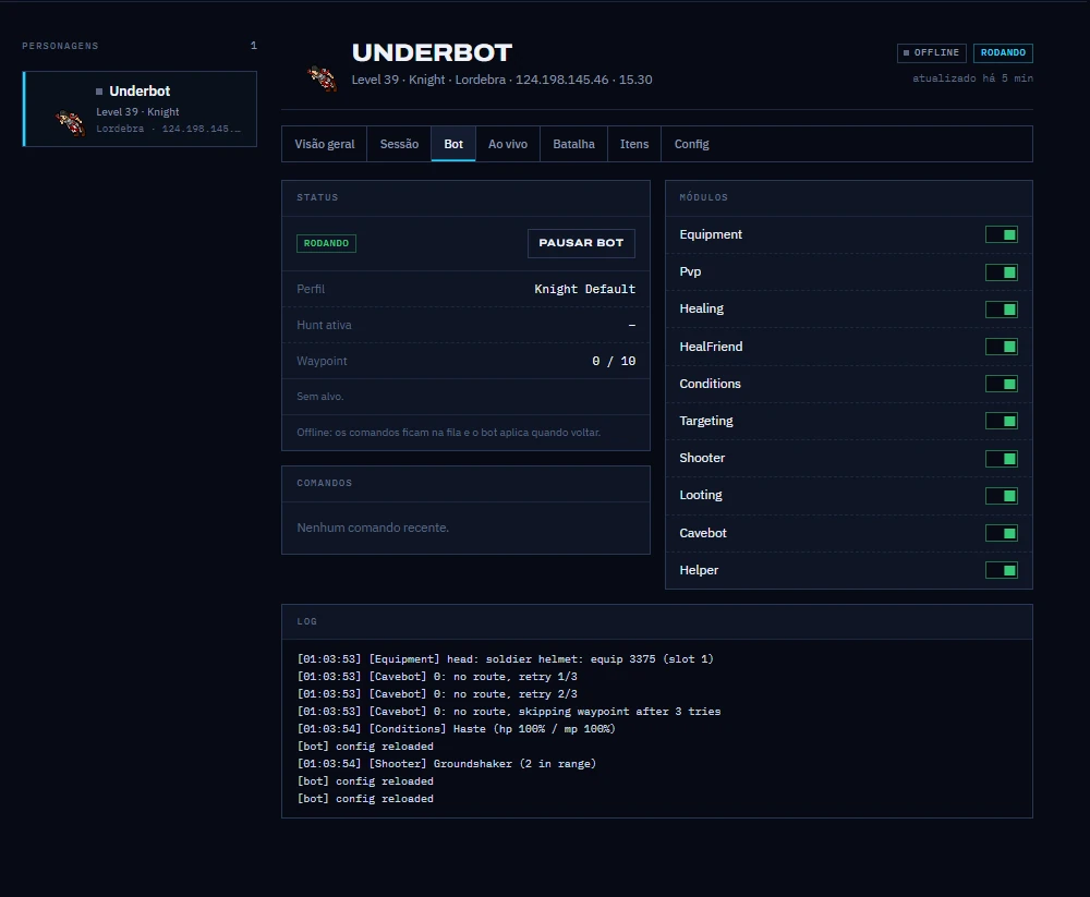 Panel, Bot tab: status with a pause button, profile, waypoint, module on/off switches and the bot log