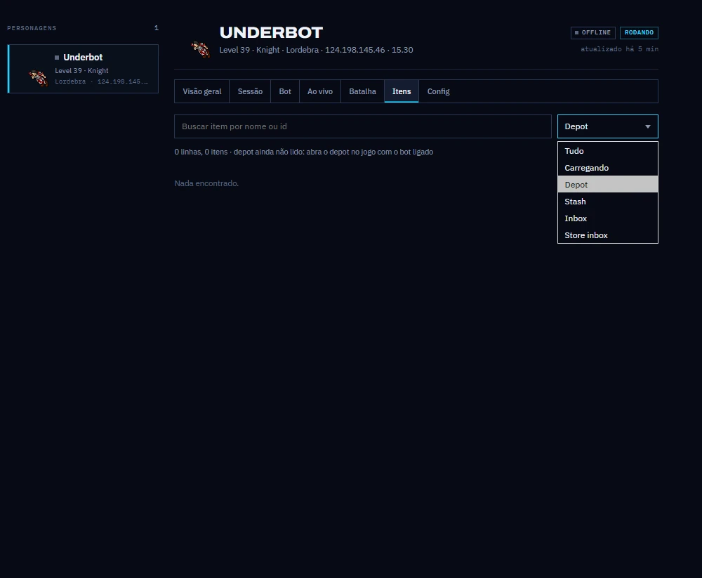 Panel, Items tab: search by name or id with a filter for depot, stash, inbox and what you are carrying