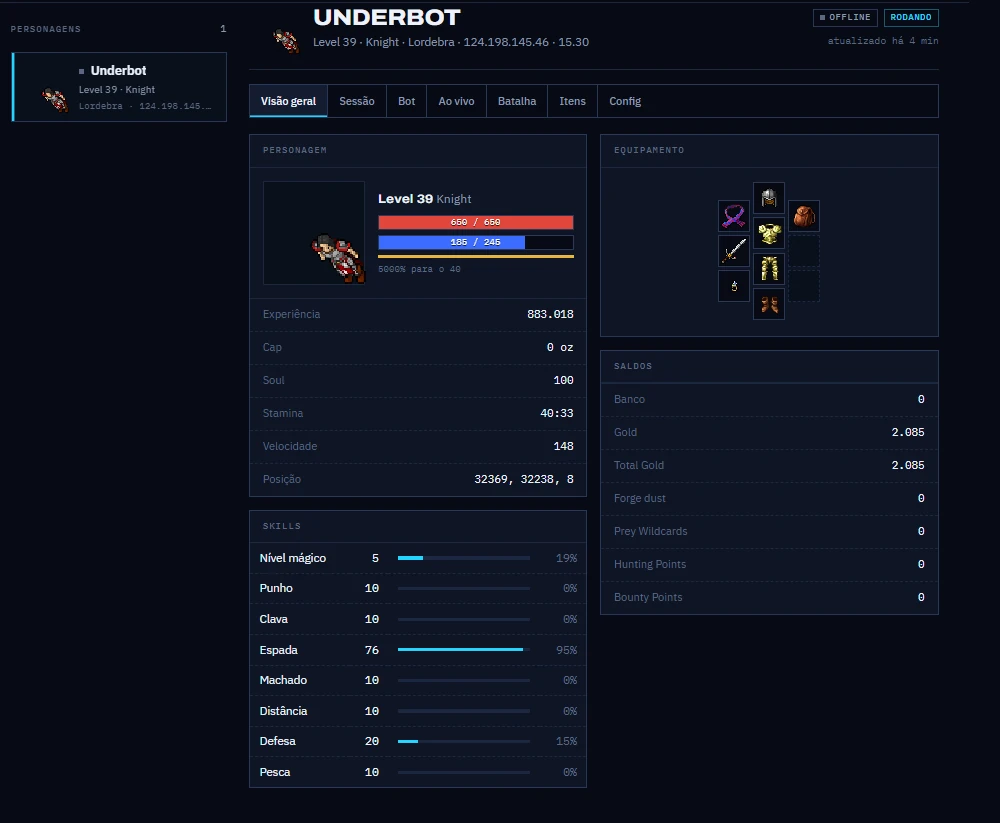 Panel, Overview tab: Underbot, level 39 knight, with health and mana, skills, equipment with the server's sprites and balances