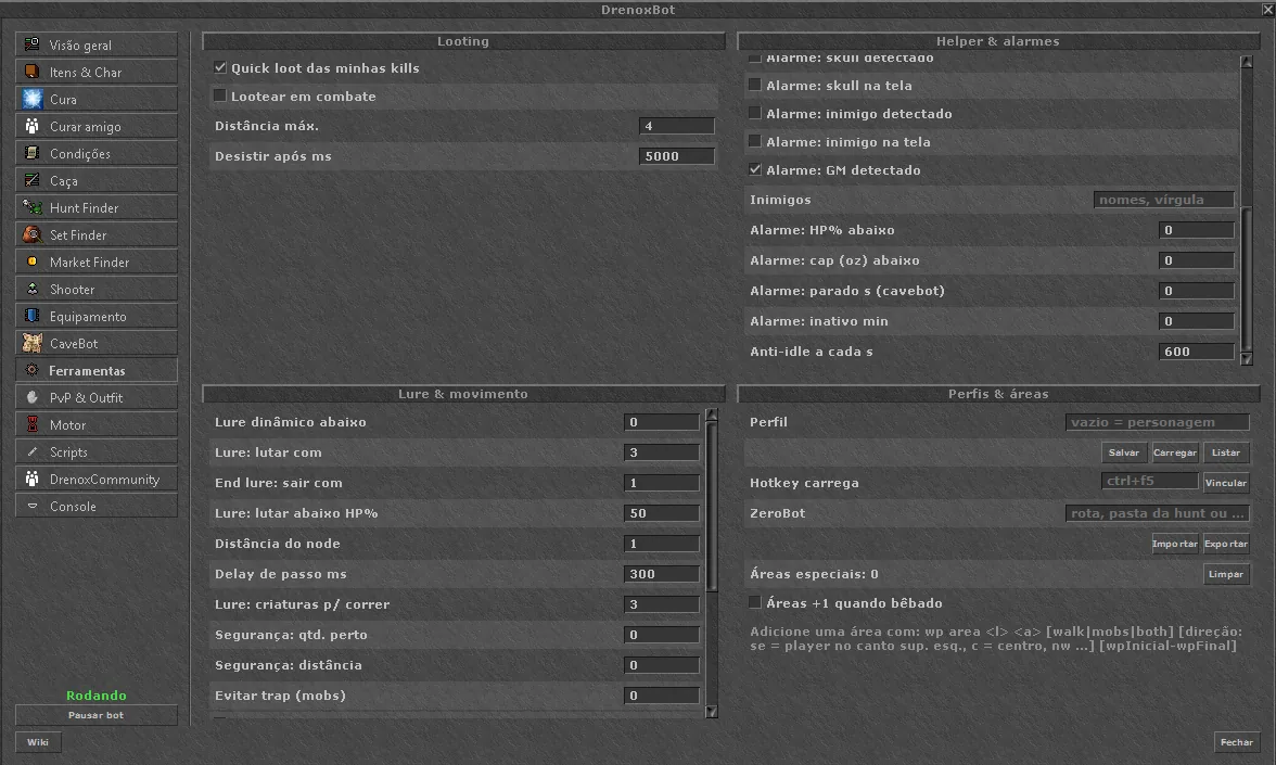 Tools tab with looting, alarms and lure