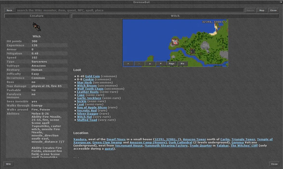 Wiki in the client: the Witch creature with the mini map, then the Hunt Finder for the quest, the boss Ekatrix and the Witch Hat item